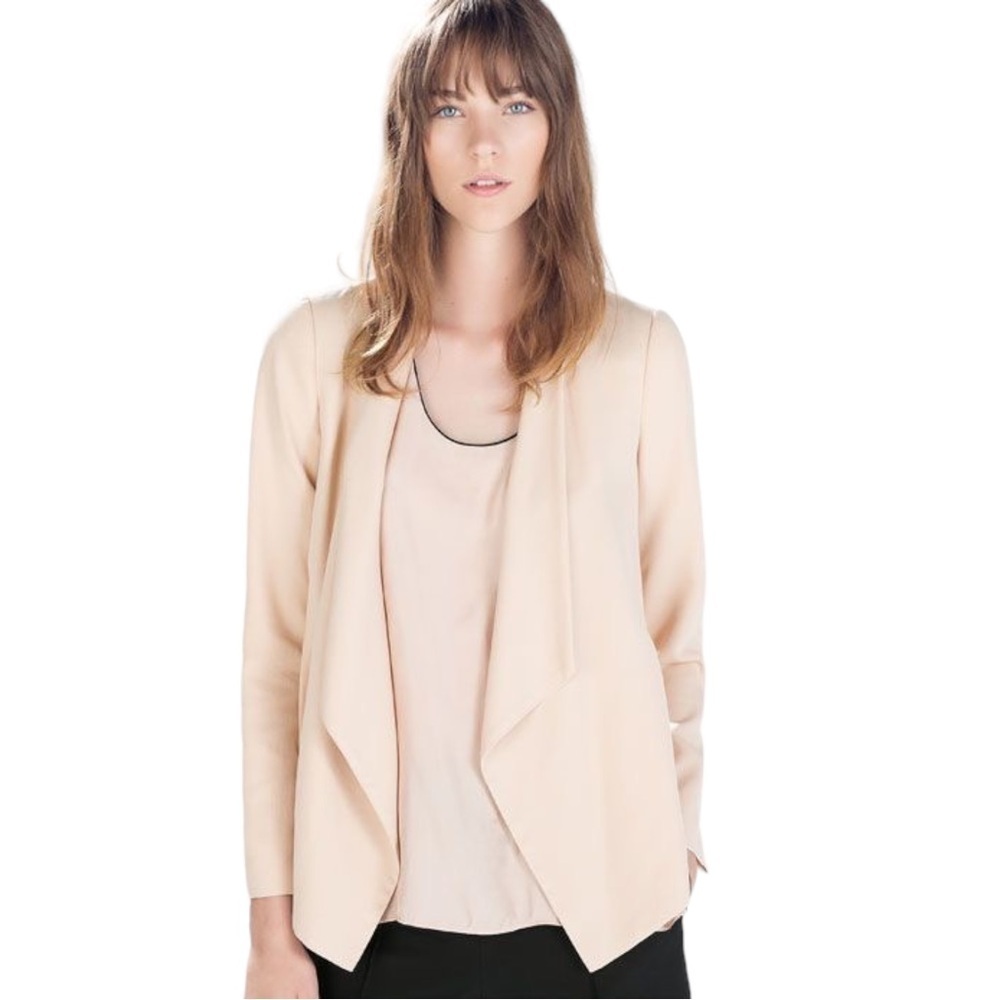 Zara Waterfall Draped Cascading Open Front Padded Shoulders Blazer in Soft Peach - Picture 9 of 9